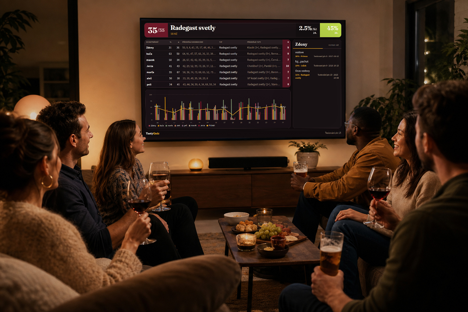 Parta přátel u velké televize s živým TastyQuiz dashboardem