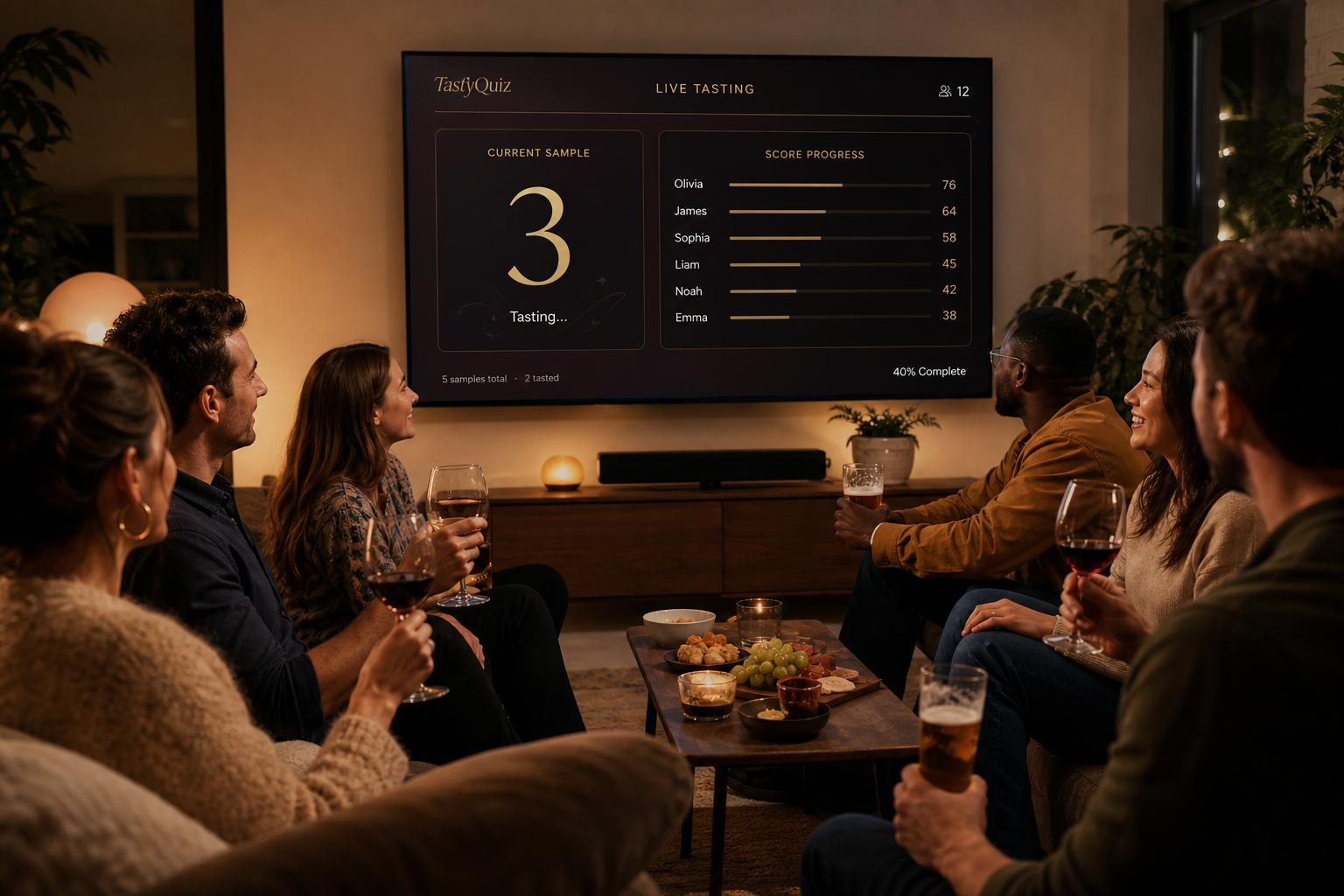 Friends gathered around a large TV showing the live TastyQuiz dashboard